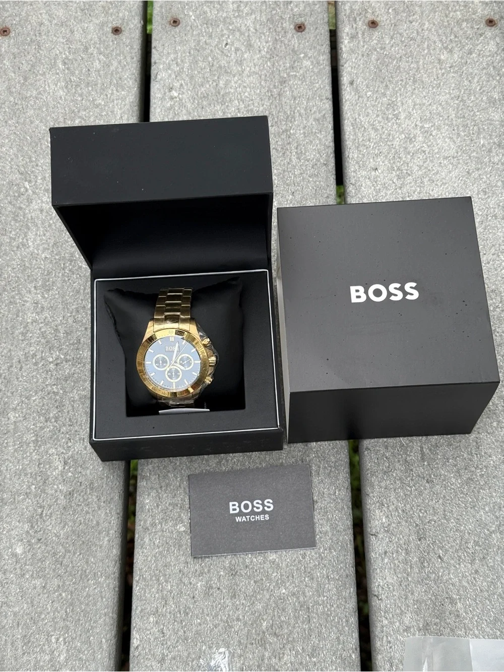 Hugo boss Gold-Tone Chronograph Watch with Blue Dial and Gold Bracelet Mens